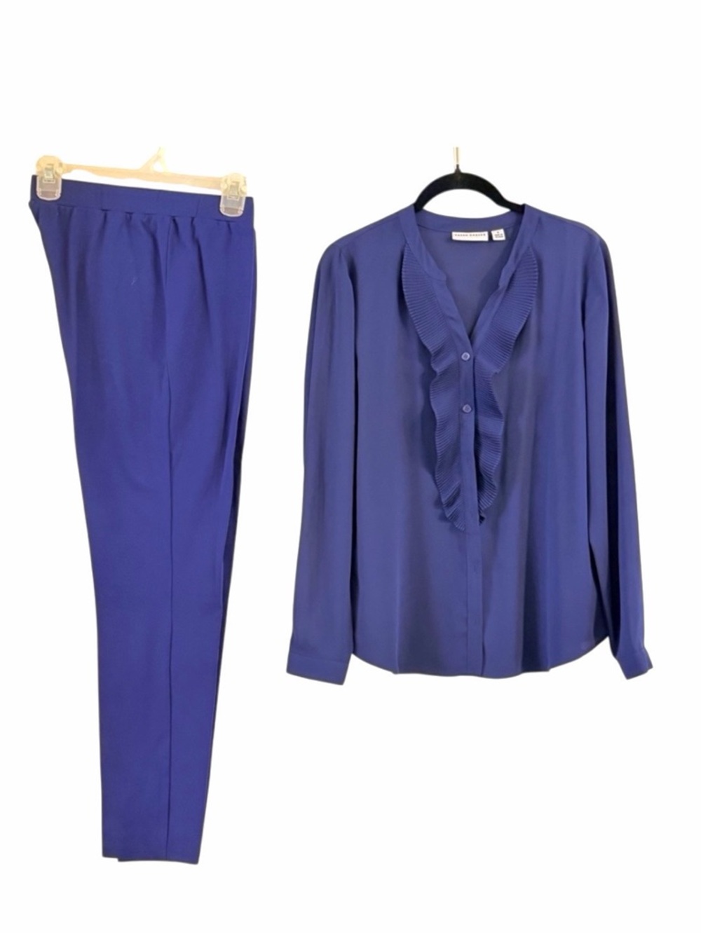 Susan Graver Royal Blue Liquid Knit Ruffle Blouse Slim Pants Set Size S